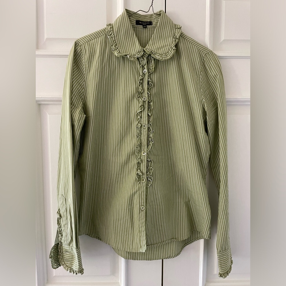 ETRO green striped ruffle button shirt. Size 42 EU